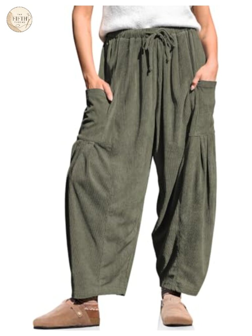 Women's Corduroy Barrel Pants Drawstring Wide Leg with Pockets
